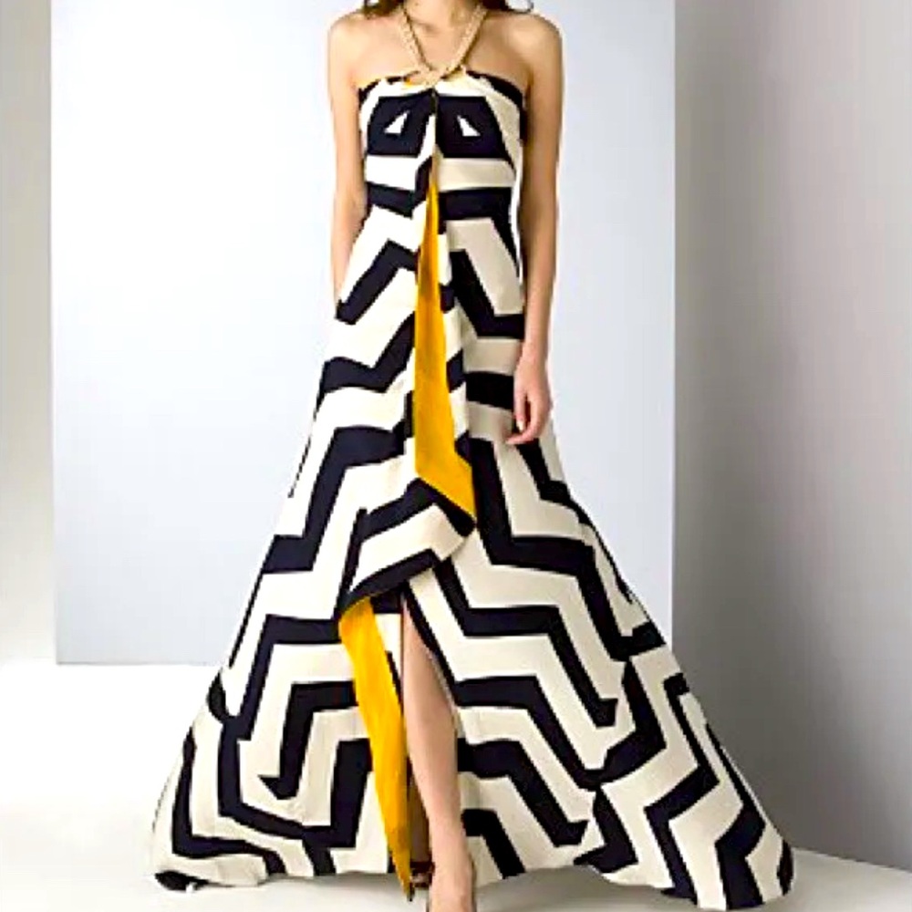 DIANE VON FURSTENBERG Chevron Strapless Maxi Dress - Navy, White, Yellow Knotted